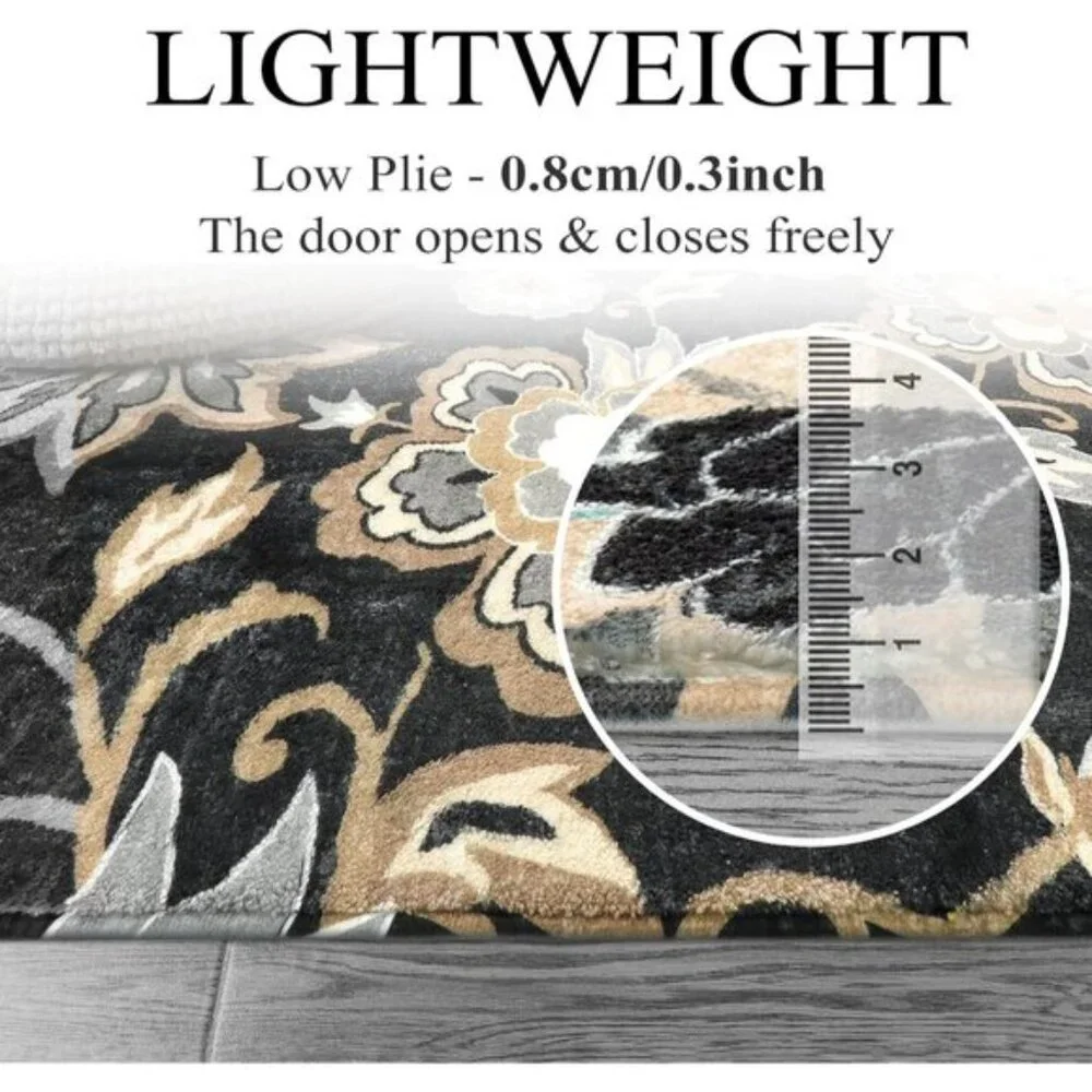 New 5Ft Black Floral Round Rug, Washable, Non-Slip Ultra-Thin Accent Carpet